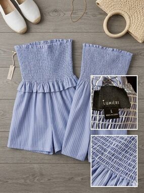 Lumiere Blue & White Striped Smocked Strapless Romper